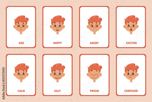 Cute face emotions vector set. Emotions flashcards collection. Learn feelings vocabulary for school and preschool