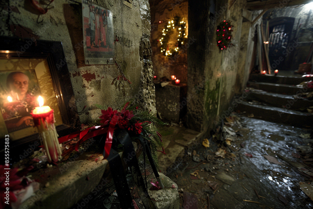 Indoors there is a photo frame adorned with a black ribbon a burning candle placed on a light grey table Indoors there is a photo frame adorned with a black ribbon a burning candle placed on a light grey table