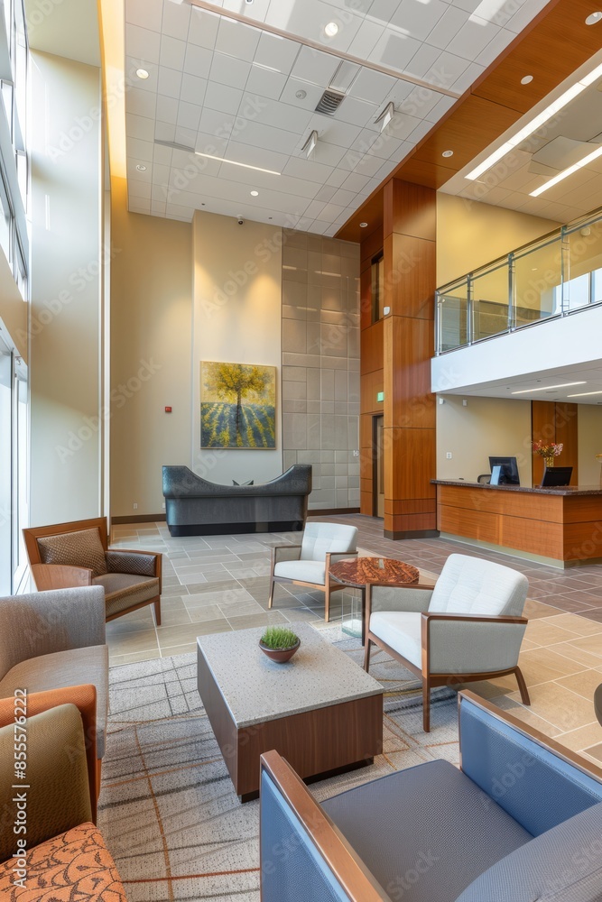 Professional Photography of a meeting lobby with comfortable seating and a reception desk, Generative AI Professional Photography of a meeting lobby with comfortable seating and a reception desk, Generative AI