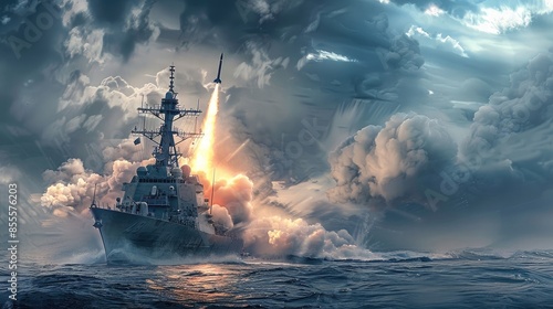 Missile launch from navy destroyer in a military special mission, warship, warboat, navy, destroyer, military, special mission, wide banner, war theme, missile launch, defense, weaponry photo