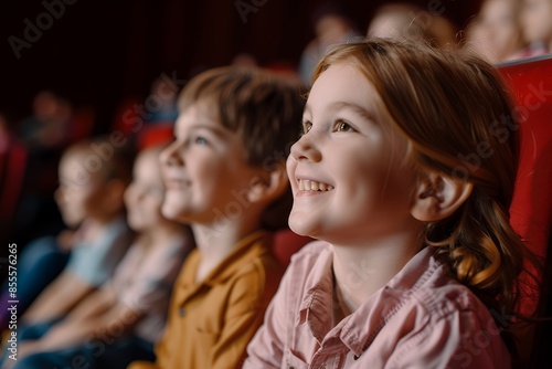 Children watching the show in the theater, happy faces of children sitting together and smiling at the stage with focus on kids boy and girl enjoying the play performance or concert. Family time conce