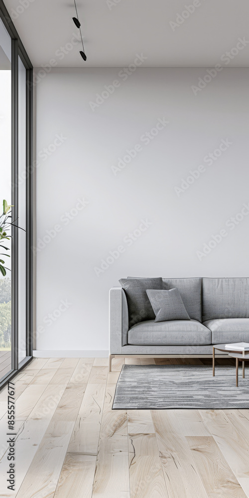 Fototapeta premium Luxury property interiors composition with natural lighting, minimal furniture and neutral tones. Residential interior design. Real Estate concept image.