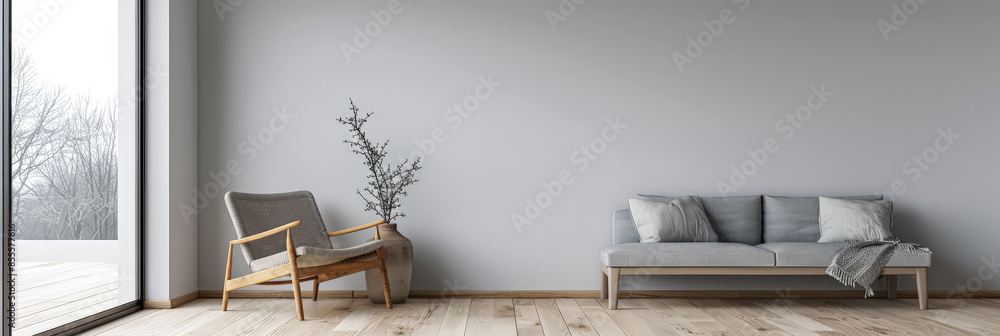 Obraz premium Luxury property interiors composition with natural lighting, minimal furniture and neutral tones. Residential interior design. Real Estate concept image.