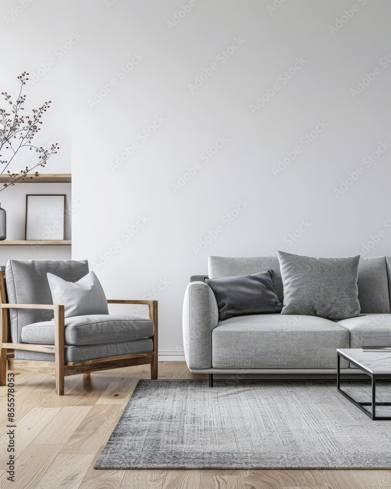 Fototapeta premium Luxury property interiors composition with natural lighting, minimal furniture and neutral tones. Residential interior design. Real Estate concept image.