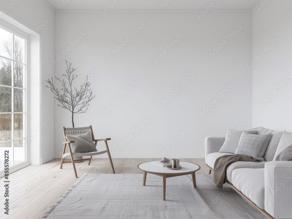 Fototapeta premium Luxury property interiors composition with natural lighting, minimal furniture and neutral tones. Residential interior design. Real Estate concept image.