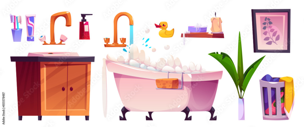 Bathroom interior with sink and furniture cartoon illustration. Cute home bath room set and personal hygiene element equipment. Isolated clean body item and duck in clear indoor vintage hotel Bathroom interior with sink and furniture cartoon illustration. Cute home bath room set and personal hygiene element equipment. Isolated clean body item and duck in clear indoor vintage hotel