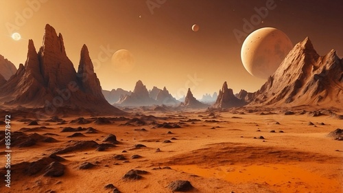 Mars planet landscape, 3d render of imaginary mars planet terrain, orange eroded desert mountains, realistic science fiction illustration.