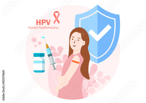 Woman shows off an orange plaster after receiving the vaccine. Prevent hpv virus infection and medication treatment, Reducing the chance of infection through vaccination, HPV (Human Papillomavirus)