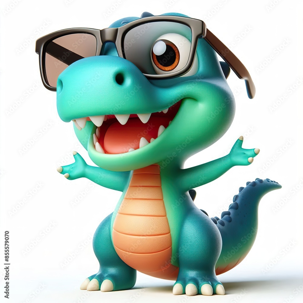 3D cartoon of a Happy Dinosaur wearing sunglasses, full body isolated white background 3D cartoon of a Happy Dinosaur wearing sunglasses, full body isolated white background