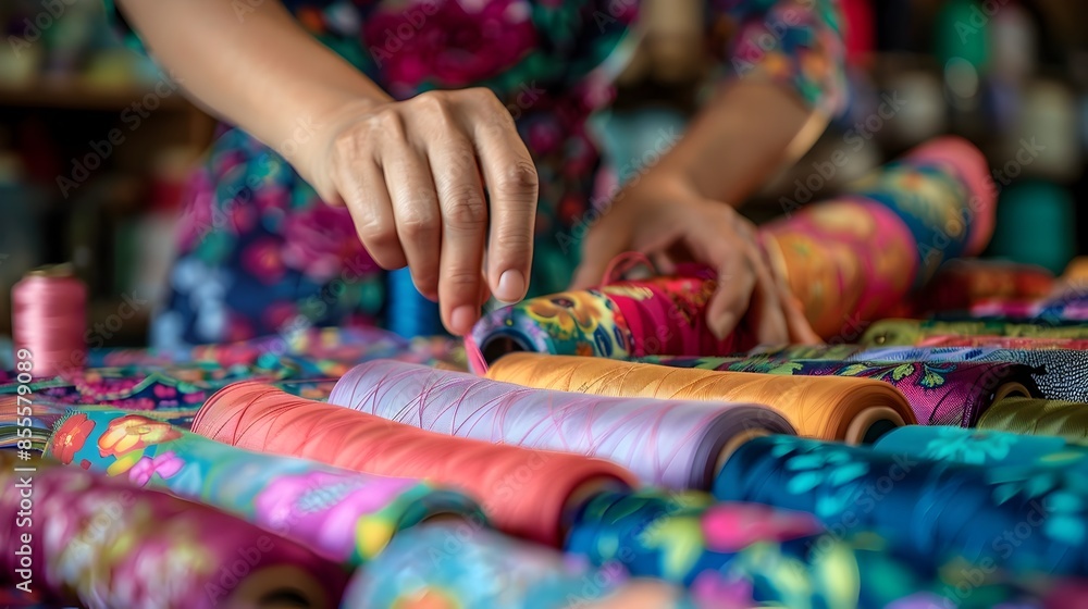 Colorful Fabric and Thread Spools Surrounding Seamstress in Creative Workspace Colorful Fabric and Thread Spools Surrounding Seamstress in Creative Workspace