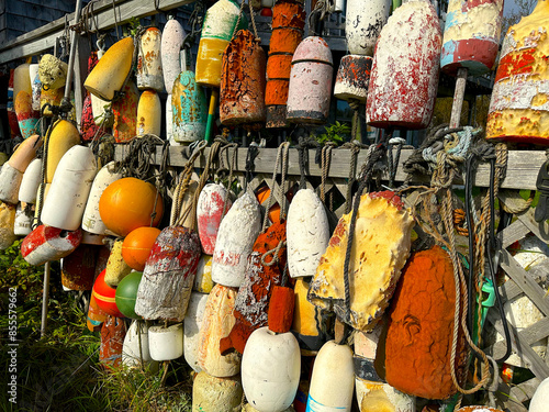Old Colorful Fishing Buoys Hanging Against the Sun on the Wall. Lobster Fisheries. Grand Manan Island, New Brunswick, Canada. photo