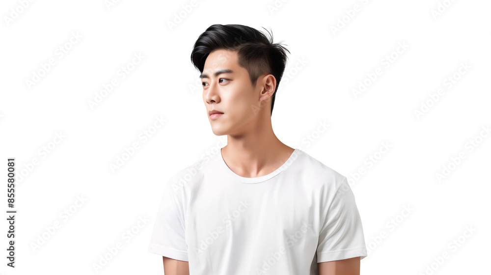 Portrait of handsome Asian male model in white t-shirt, concept of style and fashion studio shot, isolated on transparent background Portrait of handsome Asian male model in white t-shirt, concept of style and fashion studio shot, isolated on transparent background