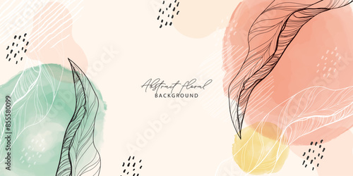 Tropical leaves Abstract art background vector design with watercolor brush texture, Flower and botanical leaves watercolor hand drawing. Abstract art wallpaper design