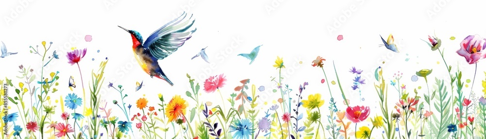 Obraz premium Beautiful watercolor painting of a hummingbird flying over a vibrant flower garden in spring, capturing nature's beauty and delicate details.