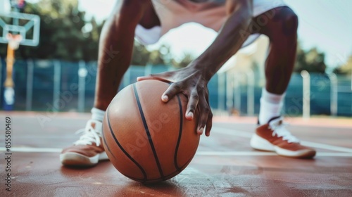 Close-up of a basketball player's hands dribbling the ball, symbolizing skill and control. 