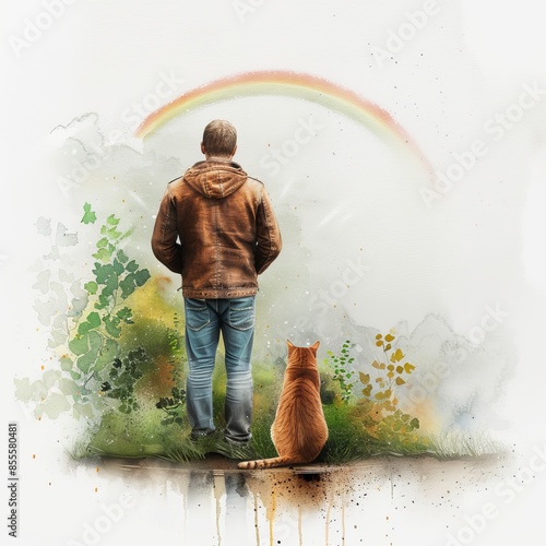 A person and a cat standing together under a rainbow in a scenic, watercolor-inspired setting.