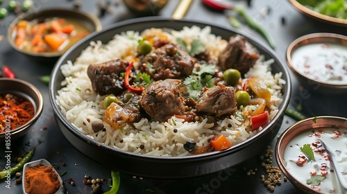 rice mandhi with side dishes of goat served in a pan along with pickles and chili sauce