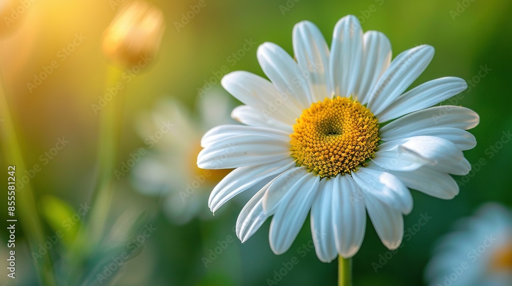 Fototapeta premium Close-up of a white flower with a yellow center, and blurry background of yellow and white flowers
