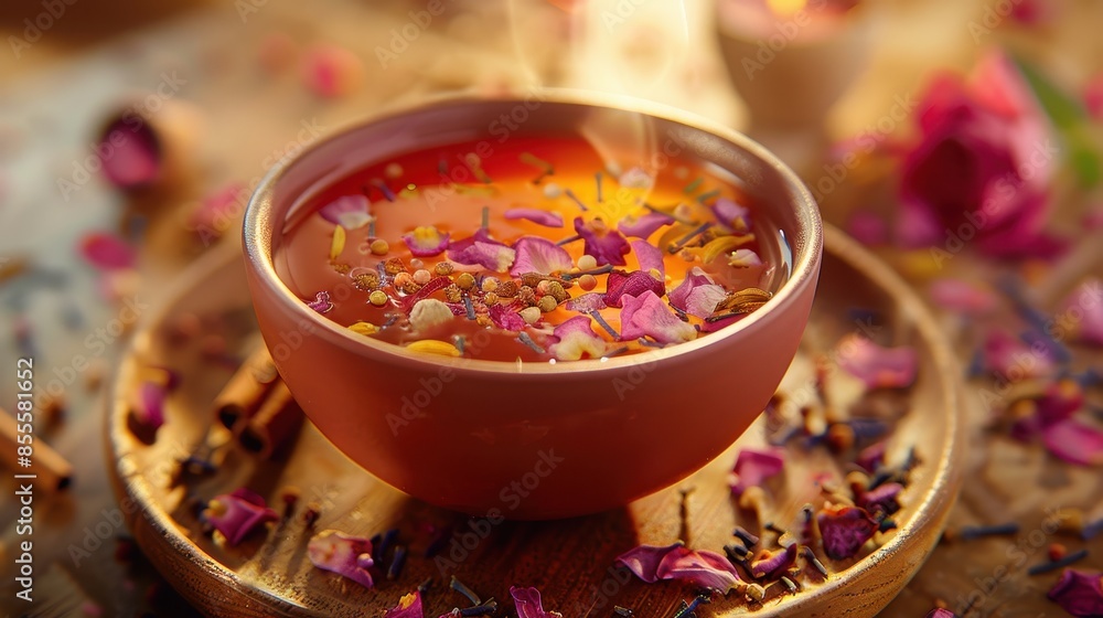 Aromatic Herbal Tea with Rose Petals and Spices in a Rustic Bowl on a Wooden Table Aromatic Herbal Tea with Rose Petals and Spices in a Rustic Bowl on a Wooden Table