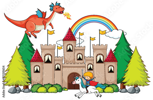 Knight on unicorn, dragon, castle, and rainbow