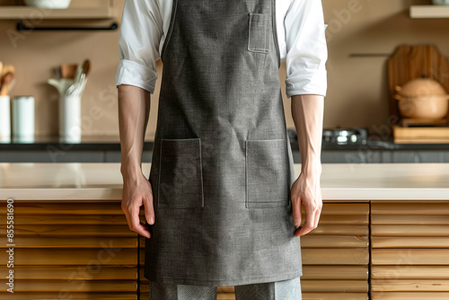 A chef wearing a dark gray linen-cotton apron stands in front of kitchen counter