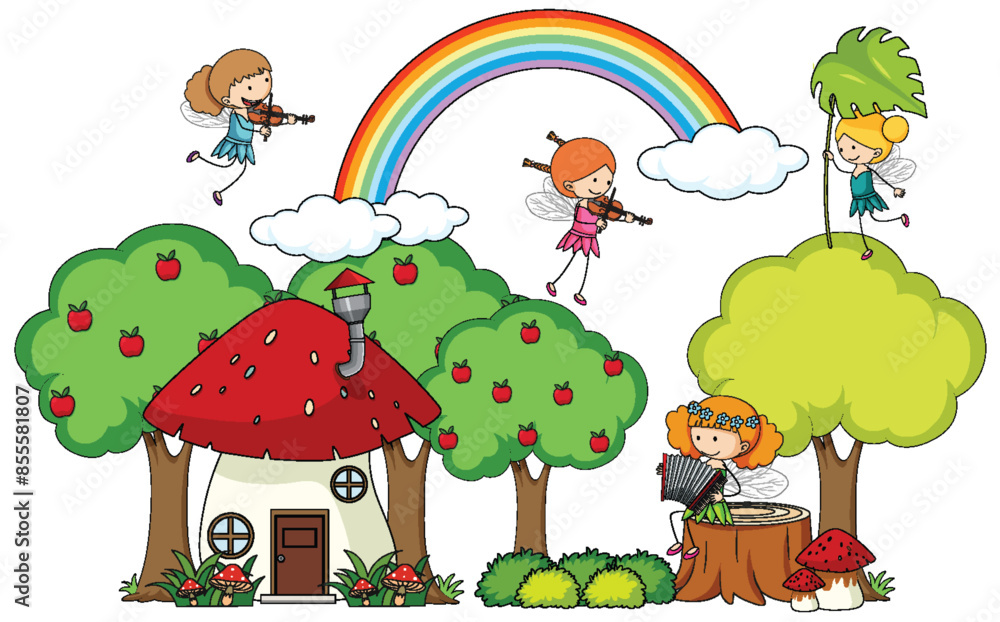 Fototapeta premium Fairies playing music in a whimsical forest