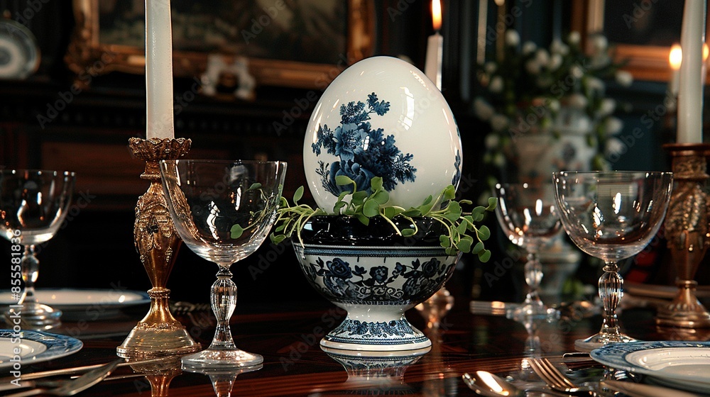 An egg balanced atop a bowl positioned atop a table adjacent to wine glasses and a candle stand An egg balanced atop a bowl positioned atop a table adjacent to wine glasses and a candle stand