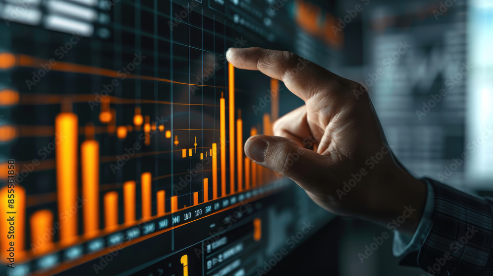 Businessman's Hand Highlighting Graph on Digital Display Businessman's Hand Highlighting Graph on Digital Display