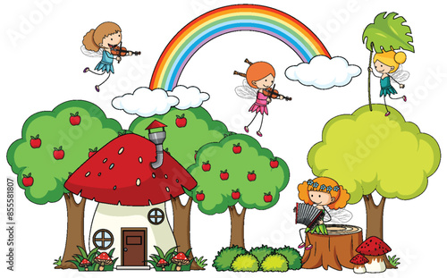 Fairies playing music in a whimsical forest