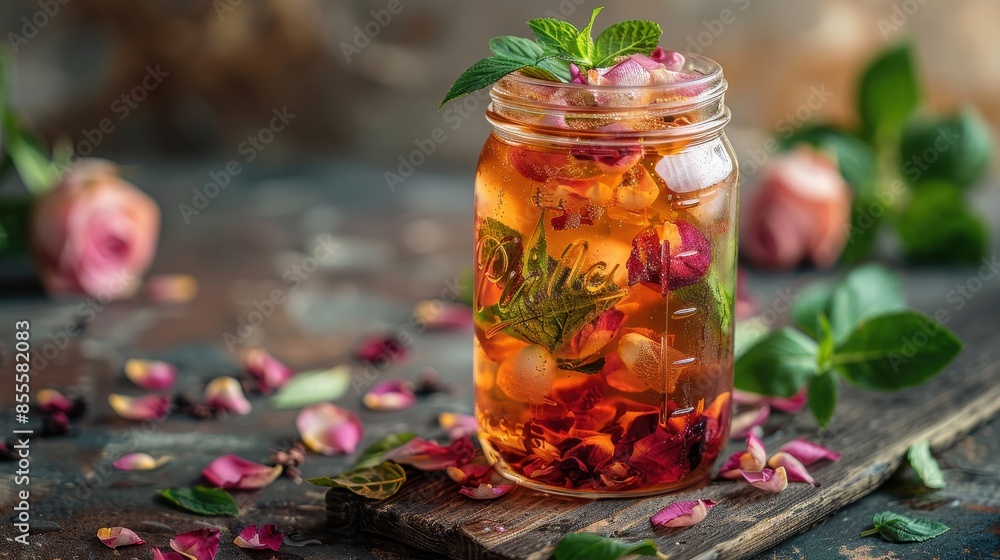 Refreshing Herbal Iced Tea in a Mason Jar with Mint and Rose Petals on Rustic Wooden Table Refreshing Herbal Iced Tea in a Mason Jar with Mint and Rose Petals on Rustic Wooden Table