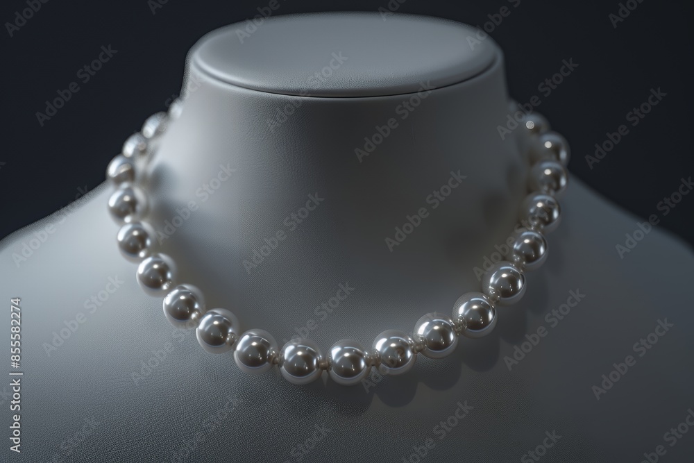 A close up of an elegant pearl necklace on the neck of a white mannequin against a black background, this studio photography product shot was taken with a Canon EOS R5 at F2 and ISO300. Featuring a wh A close up of an elegant pearl necklace on the neck of a white mannequin against a black background, this studio photography product shot was taken with a Canon EOS R5 at F2 and ISO300. Featuring a wh