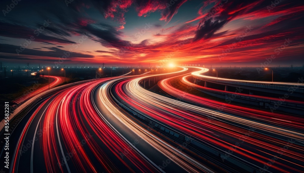 highway curls under the vivid blaze of a sunset sky.