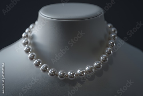 A close up of an elegant pearl necklace on the neck of a white mannequin against a black background, this studio photography product shot was taken with a Canon EOS R5 at F2 and ISO300. Featuring a wh