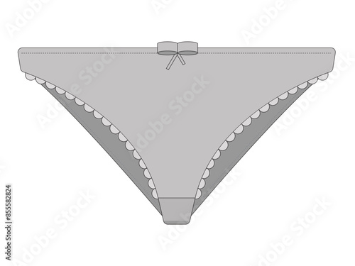 Women's basic (daily, casual) panties with ribbon. Front view.  Shades of grey. Isolated on white background (backdrop). Clothes. Fashion. Template. Flat. 