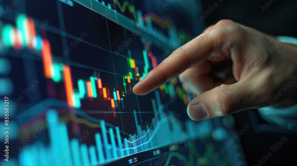 Businessman's Hand Highlighting Graph on Digital Display Businessman's Hand Highlighting Graph on Digital Display