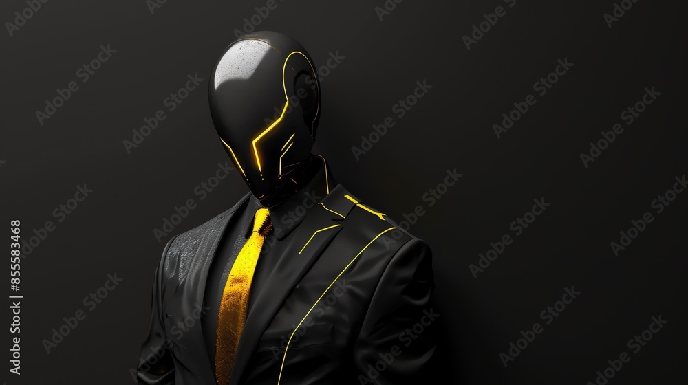ultra minimalistic modern robot in suit and yellow forex trading graphic down on the background, deep dark shadows, black and yellow colors ultra minimalistic modern robot in suit and yellow forex trading graphic down on the background, deep dark shadows, black and yellow colors