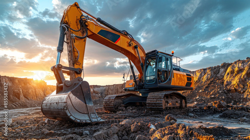 An excavator, with bucket digging into a sandpit, works on a construction site.