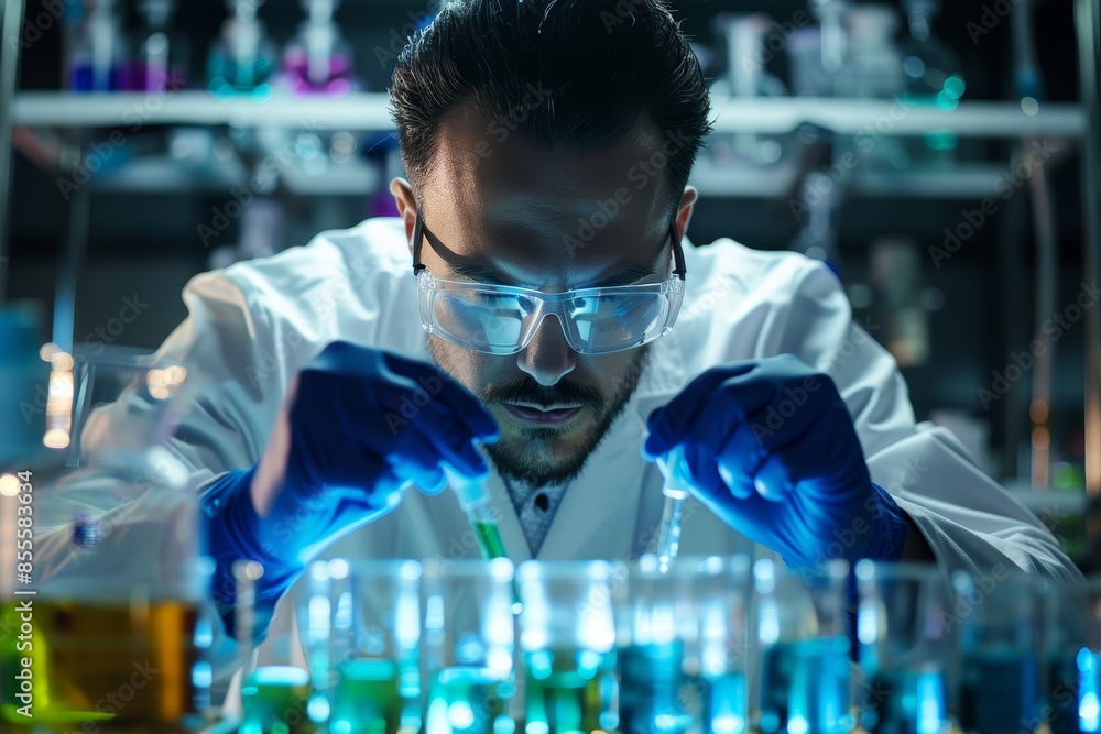 A man wearing a lab coat and goggles stands amid test tubes and equipment in a laboratory setting, A scientist surrounded by test tubes and equipment A man wearing a lab coat and goggles stands amid test tubes and equipment in a laboratory setting, A scientist surrounded by test tubes and equipment