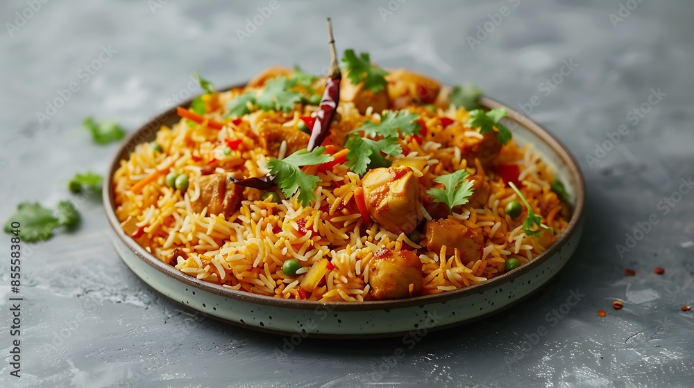 Spicy chicken biryani rice served in plate isolated on grey background Spicy chicken biryani rice served in plate isolated on grey background