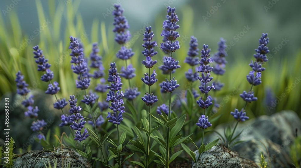 Fototapeta premium A close-up of vibrant purple blooms surrounding a rocky and verdant landscape, framed by towering trees in the background