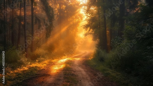 Tranquil Forest Trail: Golden Sunlight Nature Escape © Yotsaran