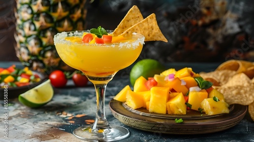 Spicy pineapple and mango refreshing margarita with chips and salsa summer cocktail