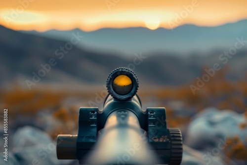 Close-up of a rifle scope with a mountain in the background, focusing on distant target, A scope zoomed in on a distant target photo