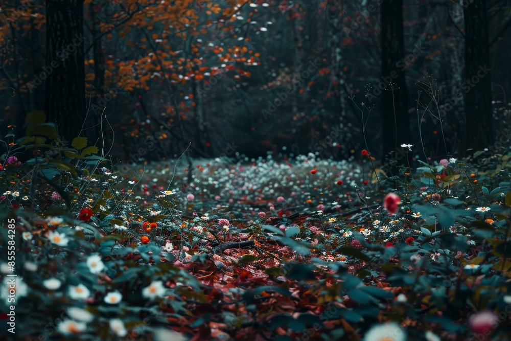 Obraz premium A dense forest clearing abundant with colorful wildflowers, towering trees, and vibrant foliage, A secluded clearing filled with wildflowers and fallen leaves
