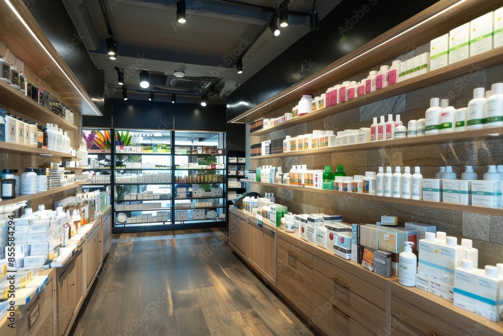A store displaying numerous shelves packed with various bottles of products, creating a busy and organized environment, A section dedicated to health and wellness products A store displaying numerous shelves packed with various bottles of products, creating a busy and organized environment, A section dedicated to health and wellness products