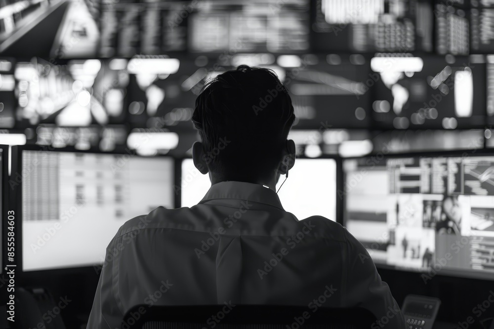 A man sitting in front of various computer monitors, monitoring security operations center activities, A security operations center analyst monitoring for security incidents A man sitting in front of various computer monitors, monitoring security operations center activities, A security operations center analyst monitoring for security incidents