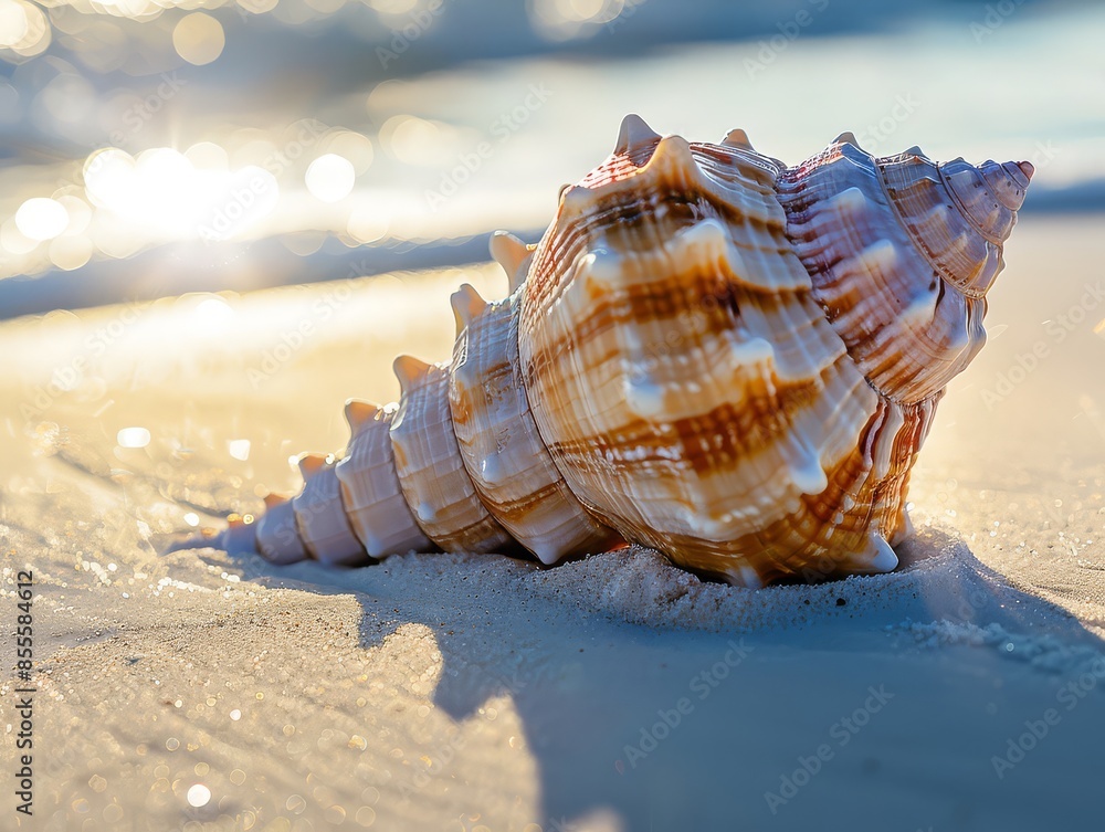 Silent ocean life murmurs as seashell rests on white sand Silent ocean life murmurs as seashell rests on white sand