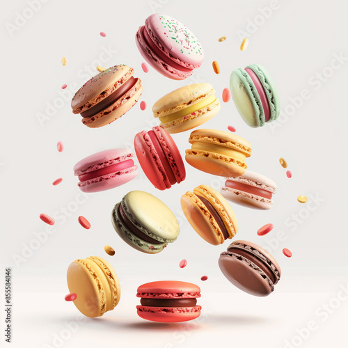 Wallpaper Mural Various colorful of macarons floating on the air isolated on clean png background, Desserts sweet cake concept, with Generative . Torontodigital.ca