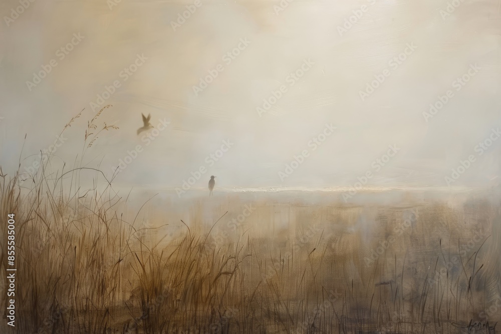 Obraz premium A bird gracefully flying over a vibrant field, capturing a moment of nature in motion, A sense of stillness and anticipation hanging in the air