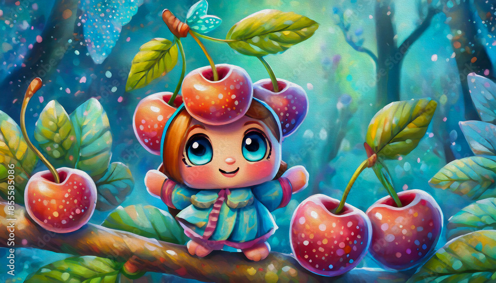 oil painting style cartoon character Cherry isolated on blue background, fresh cherries with stems and leaves, oil painting style cartoon character Cherry isolated on blue background, fresh cherries with stems and leaves,